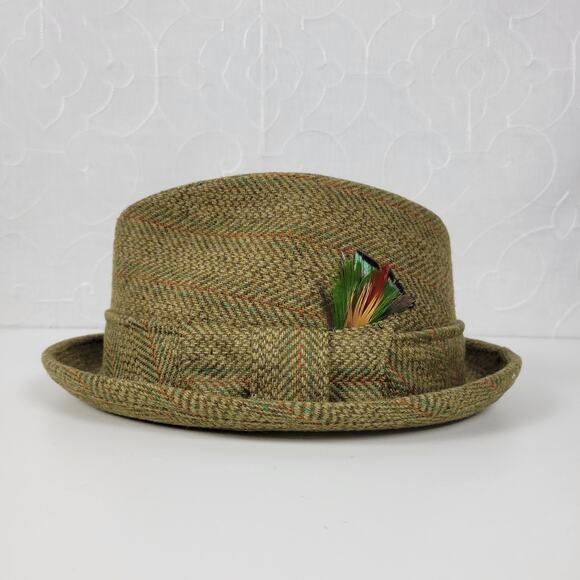 Vintage Richman Bros Fedora Trilby Hat Mens 7-7 1/8 Green Plaid Feathers Box - Picture 1 of 16